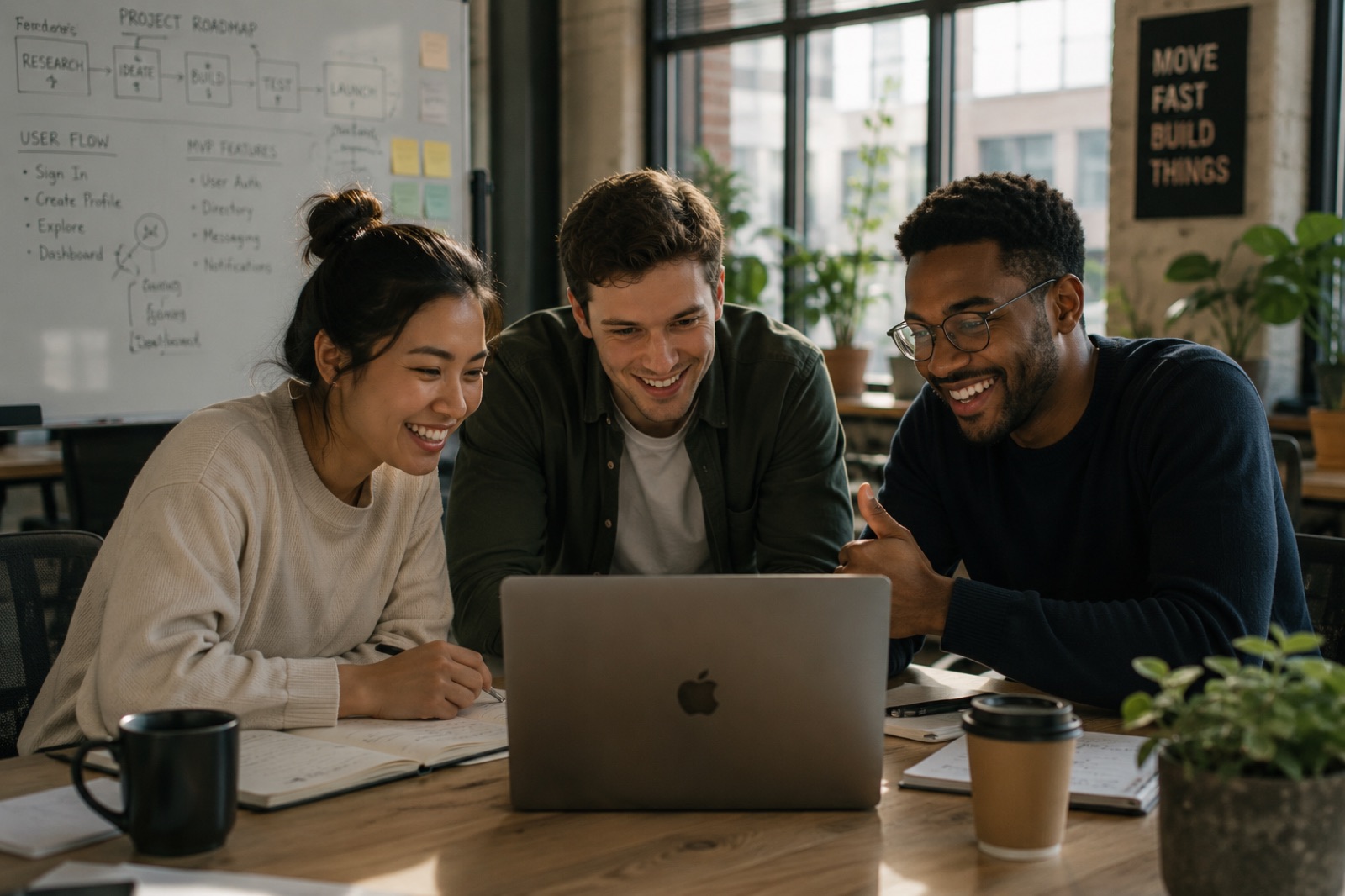 Three builders smiling at a working demo on demo day
